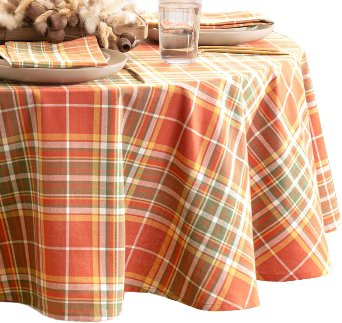 Hawley Plaid Harvest Cotton Tablecloth, Multicolor - 70" W x 70" L Round