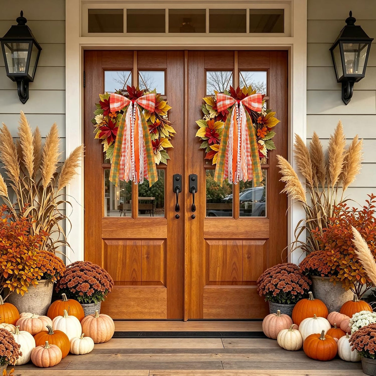 Fall Decor - Large Autumn Harvest Wreath Bow for Front Door 27x13 Inch