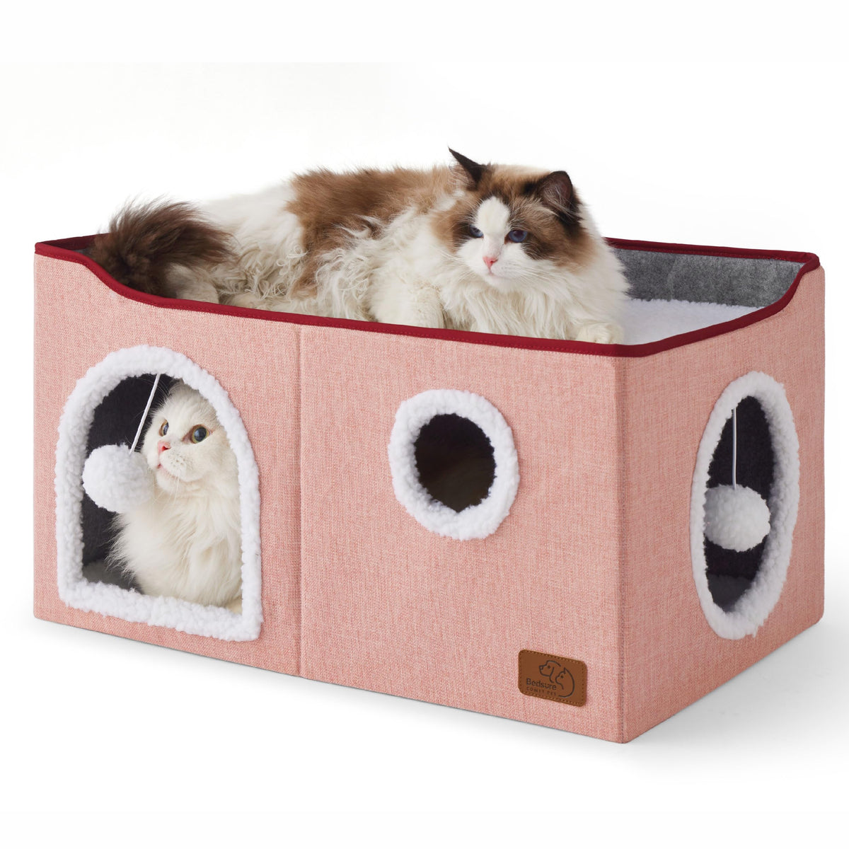 Bedsure Extra Wide Cat House Bed with Fluffy Ball and Scratch Pad,Grey | 23.6x16.9x13 in,Indoor Cat Cave for Multiple Pets, Foldable Cat Hideway Cube for Sleeping Large Cat and Kitten