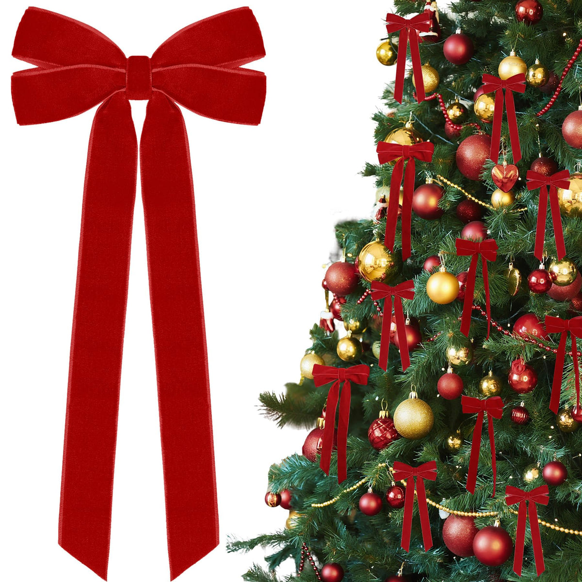 12Pcs Burgundy Velvet Ribbon Bows Christmas Tree Decorations,5in x 10in Xmas Ornaments for Tree Home Party Front Door Wreath Garland Holiday Decor
