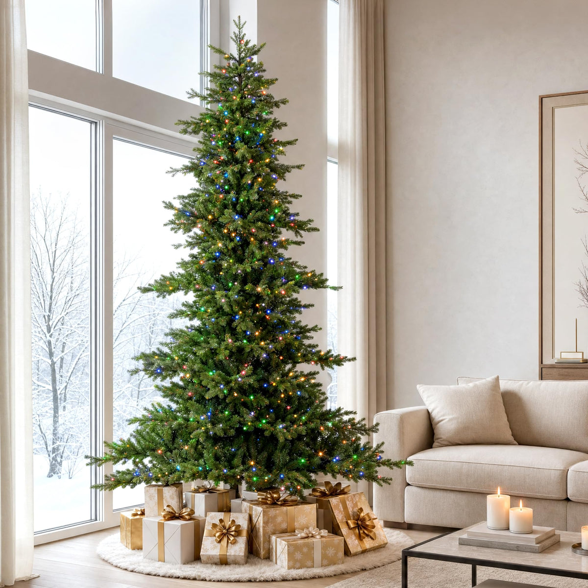 Glitzhome 15ft Prelit Artificial Christmas Tree, Vibrant Evergreen Fir with 5,000 Warm White/Multi-Color Chasing and Twinkling Lights, 13,459 PE&PVC Branch Tips, 9 Function w/Foot Pedal, Simple Setup