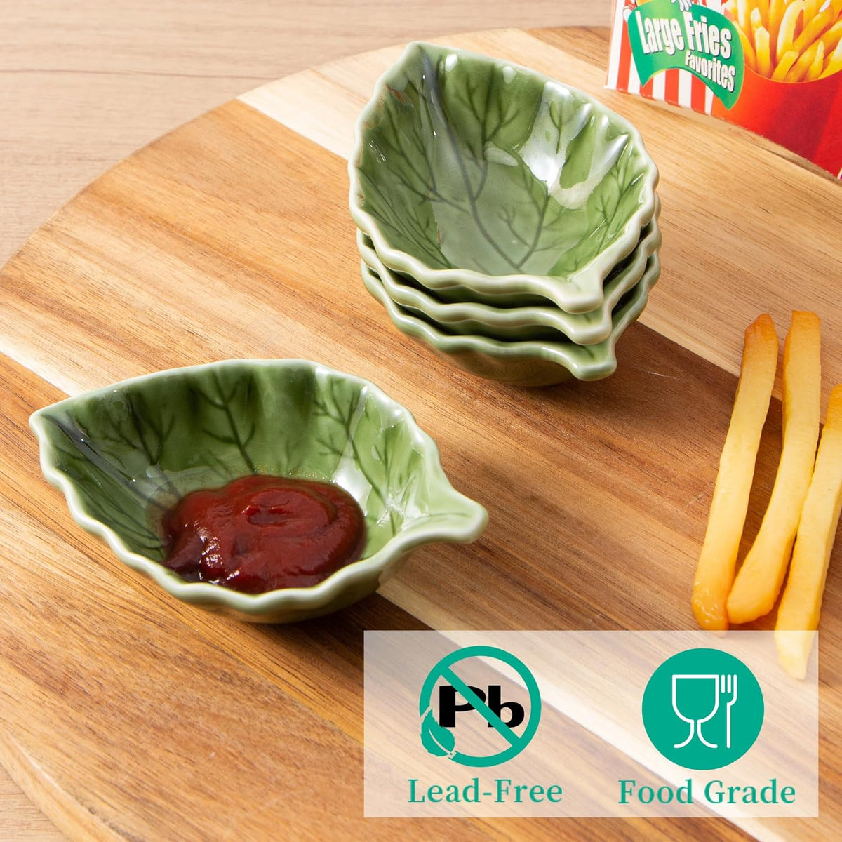 Ceramic Soy Sauce Dishes, Green Leaf Shape Dipping Bowls, 1.5OZ