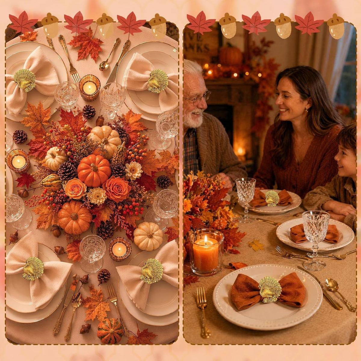 Turkey Napkin Rings Set of 12 Thanksgiving Gold Napkin Holders