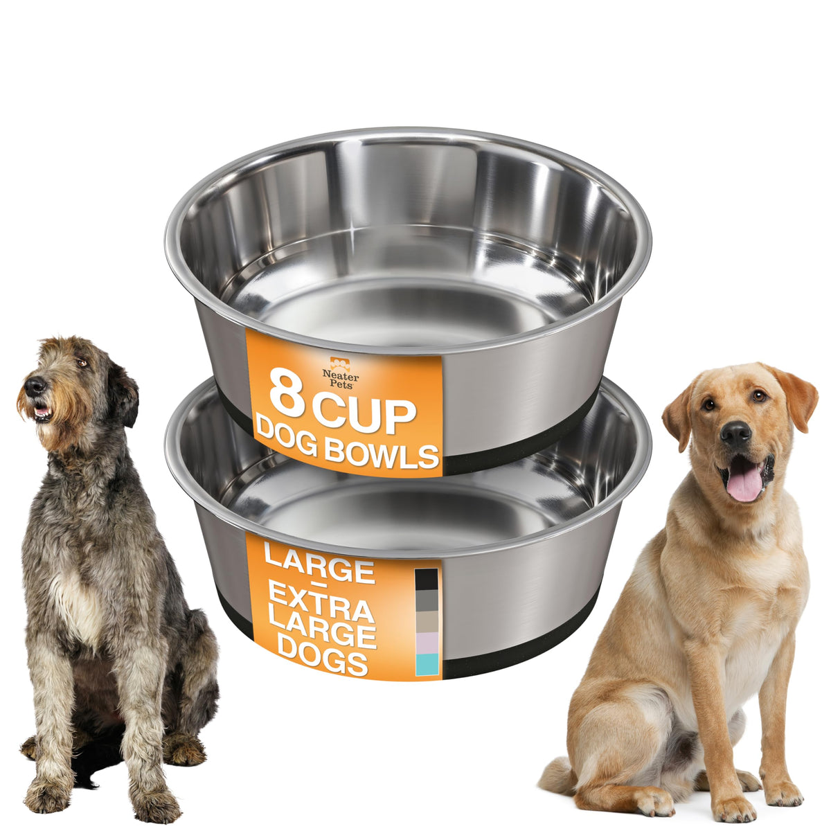 Neater Pet Brands Stainless Steel Dog Bowls with Non-Slip Rubber Bottom – Set of 2, 6 Cup (48 oz), Black - Heavy Duty Metal Dog Bowl, Dishwasher Safe, Food or Water Bowl, Ideal for Large Dogs
