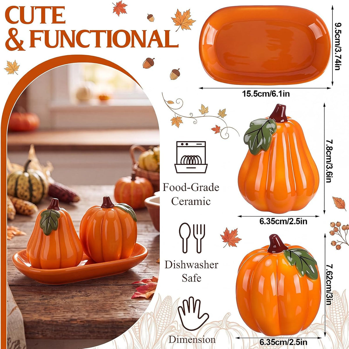 Set of 3 Thanksgiving Pumpkin Salt and Pepper Shakers with Tray Ceramic