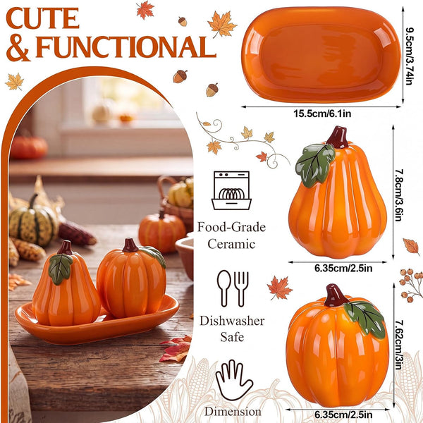 Set of 3 Thanksgiving Pumpkin Salt and Pepper Shakers with Tray Ceramic