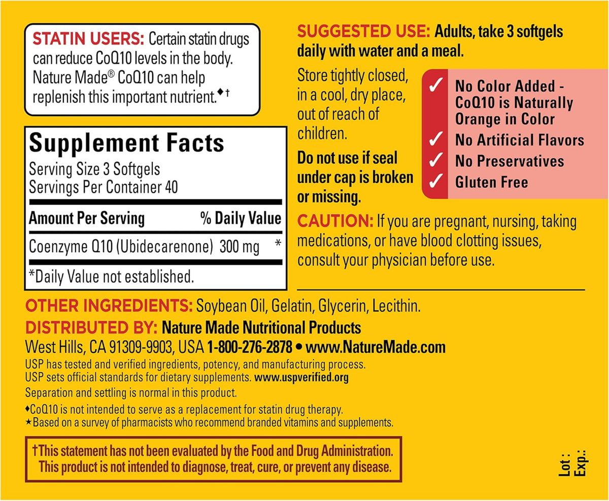 Nature Made CoQ10 300mg per 3 Softgels, CoQ10 Supplement for Heart Health and Antioxidant Support, 120 Softgels