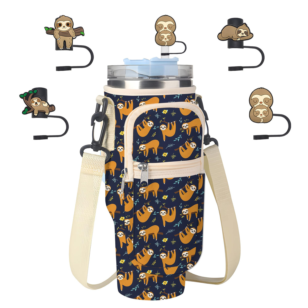 Stanley Cup Bag, Cup Holder for Stanley 30oz/40oz Tumbler with Handle, Stanley Carrier Bag with 4Pcs Cute Straw Topper for Stanley Cup Accessories