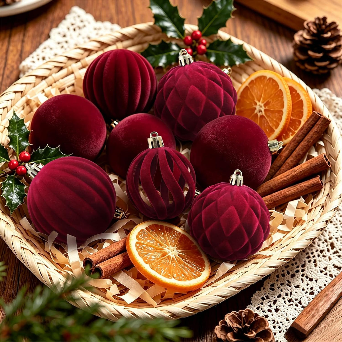 Thewe 40Pcs Velvet Shatterproof Christmas Ball Ornaments Set，Burgundy