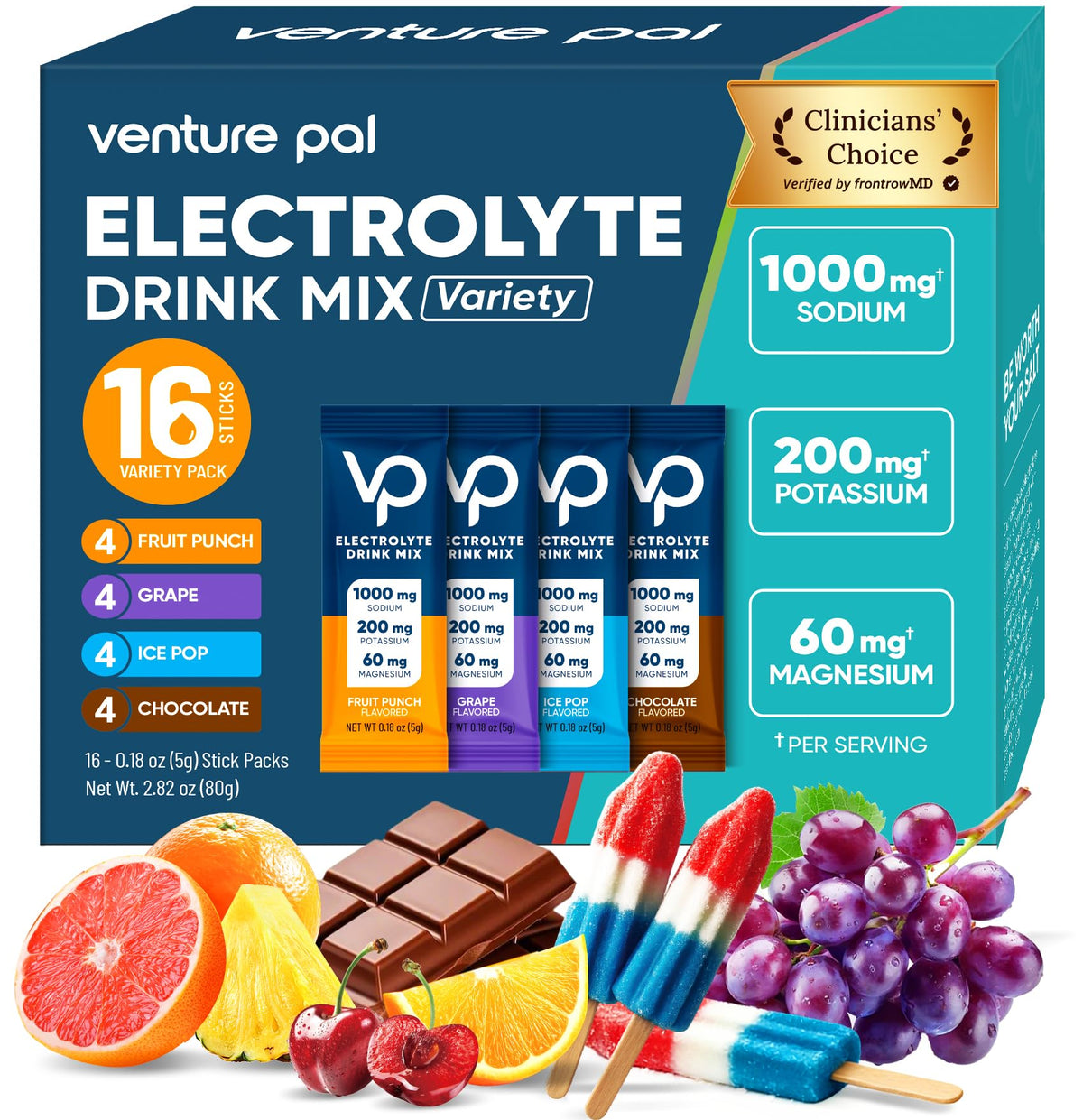 Venture Pal High Sodium Sugar-Free Electrolyte Powder Packets - Hydration Packets with Sodium, Potassium & Magnesium | Zero Calories | Keto, Vegan, and Paleo Friendly | 16 Sticks