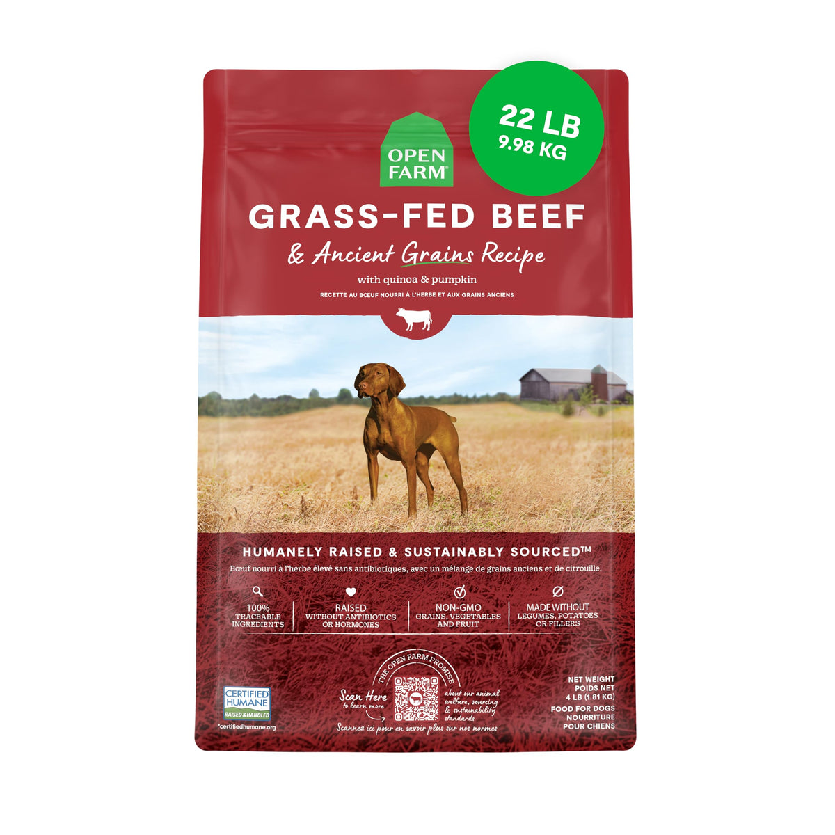 Open Farm, Ancient Grains Dry Dog Food, Protein-Rich & Nutrient Dense, 90% Animal Protein Mixed with Non-GMO Fruits, Veggies and Superfoods, Grass-Fed Beef Recipe, 4lb Bag
