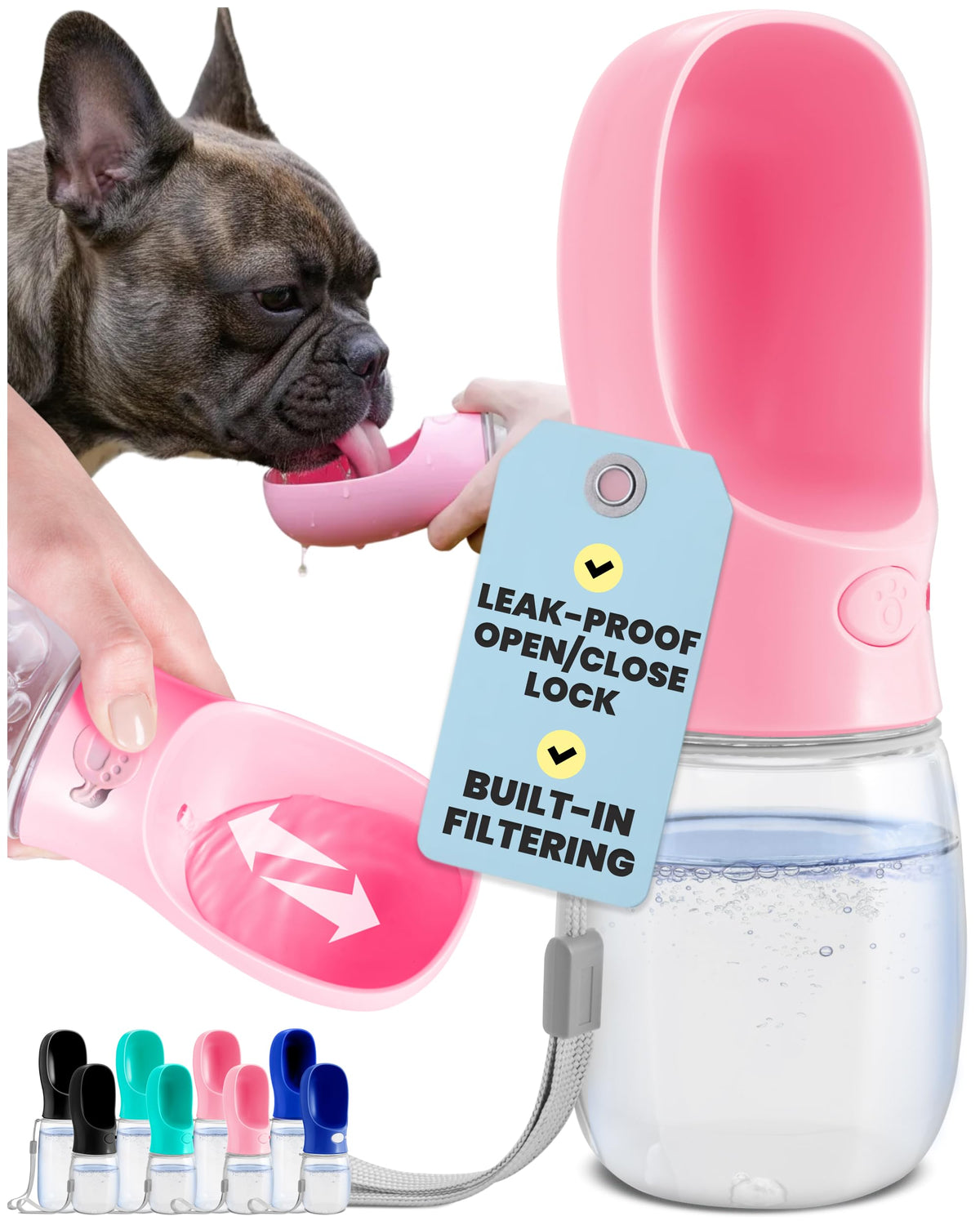 MalsiPree Leak-Proof Portable Dog Water Bottle for Travel - 19 oz, with Pink Bowl - Food Grade Plastic - Dog Bowls - Puppy Essentials - Pet Water Bottle for Trail Hiking, Park Visit & Beach Days
