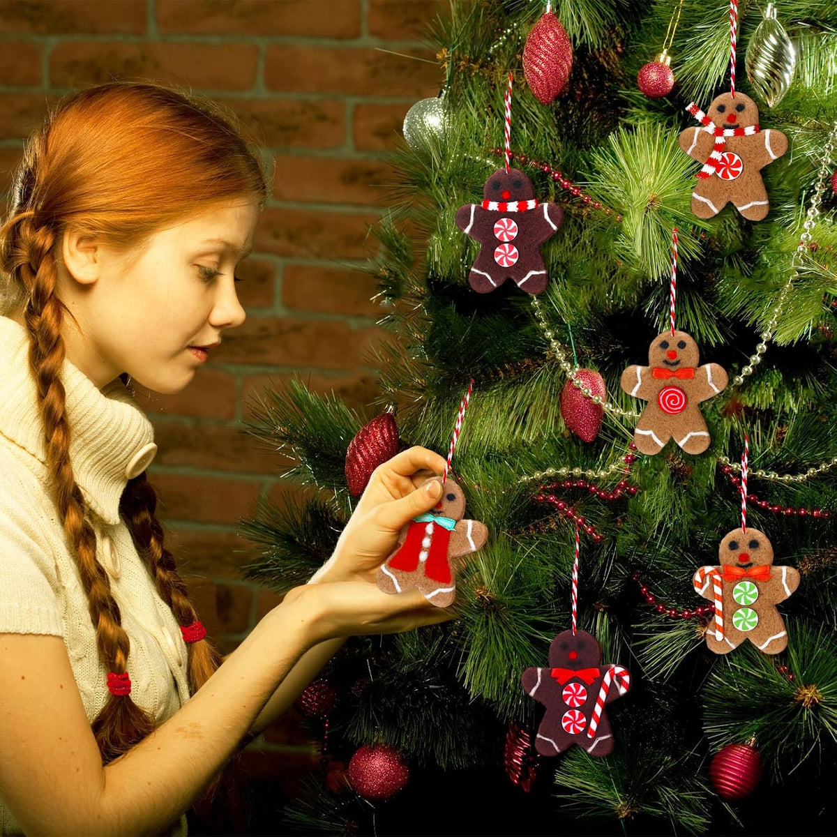 Mindsoft 12 Pcs Gingerbread Man Christmas Tree Ornaments Wool Felt,Brown