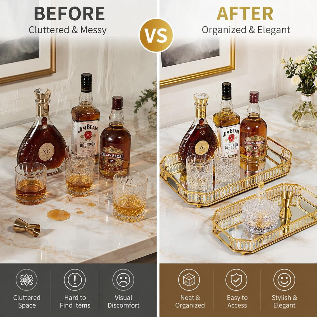2 PCS Bar Cart Tray, Gold Mirror Tray with Handles for Home Decor