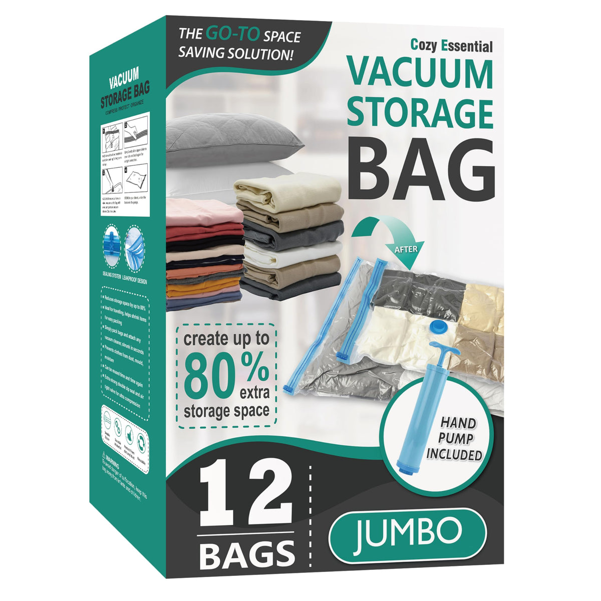 Cozy Essential Vacuum Storage Bags, 80% Compression Vacuum Seal Space Saver Plastic Packaging Bags for Clothes, Blankets, Pillow, Bedding, Comforters, Sealer Clothing Storage,20 Combo