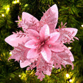 FurRain Christmas Poinsettia Artificial Flowers Decorations 5.5" Christmas Tree Wreaths Garland Decoration 12 Pcs Glitter Flowers Picks Decor for Xmas New Year Wedding Party Ornaments (Pink)