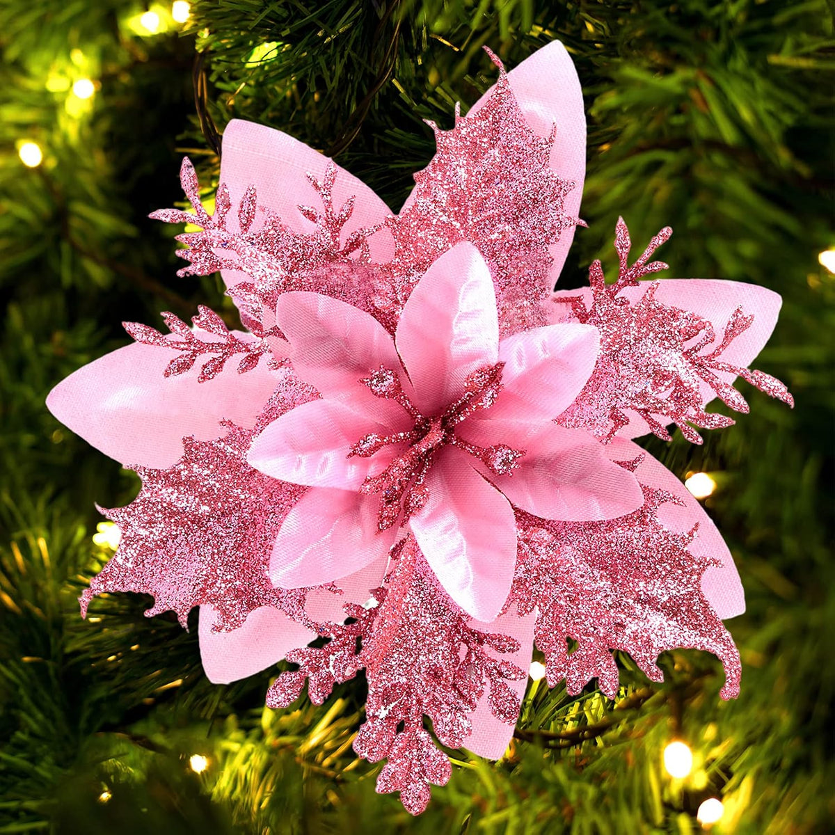 FurRain Christmas Poinsettia Artificial Flowers Decorations 5.5" Christmas Tree Wreaths Garland Decoration 12 Pcs Glitter Flowers Picks Decor for Xmas New Year Wedding Party Ornaments (Pink)