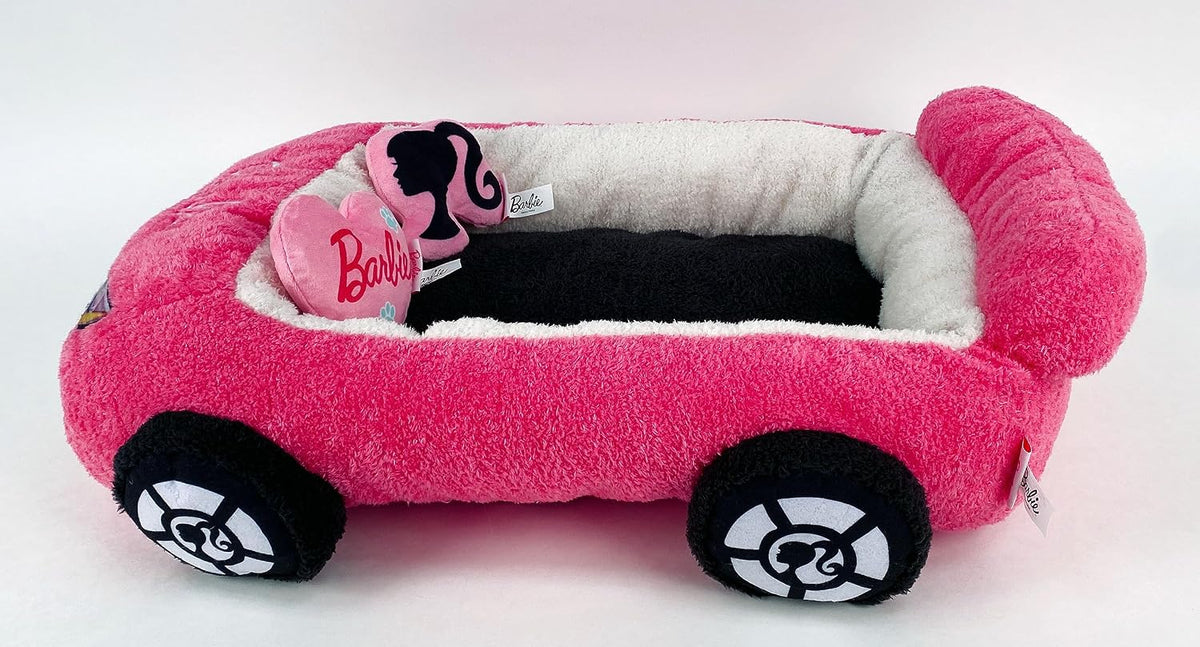 Megatoys Barbie Plush Car Pet Bed- Themed Plush Pink Pet Bed for Dogs and Cats – Soft and Cozy Pet Bed with Barbie Pillow and Car Design