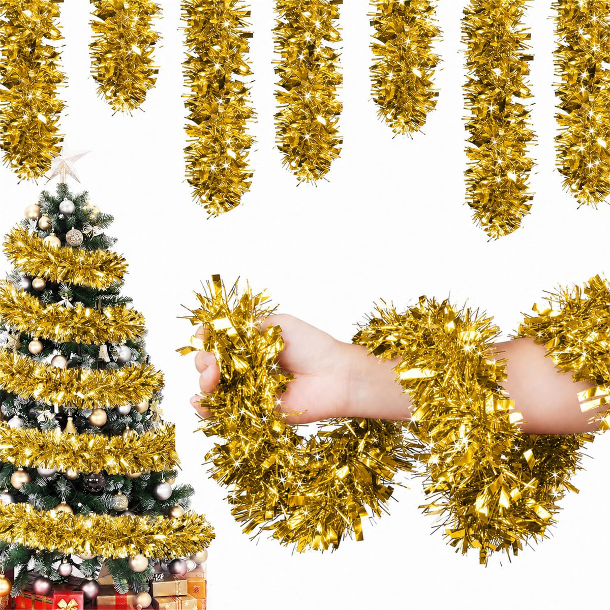 50FT Snowy Green Christmas Tinsel Garland, Metallic Twist Shiny Hanging Garland Ornaments for Xmas Tree Party Supplies Thick Thin Metallic Streamers for Indoor Outdoor Decor
