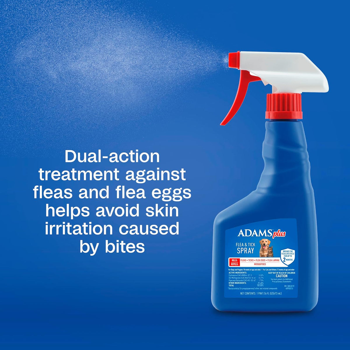 ADAMS Plus Flea and Tick Spray for Dogs & Cats, Kills Fleas and Ticks, Repels Mosquitoes, Prevents Infestations up to 2 Months, Treatment for Dogs, Cats, Puppies & Kittens, 16 Fl Oz