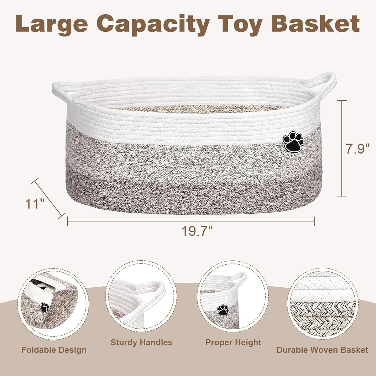 Optish Dog Toy Basket, 30L Toy Box and Bin for Dog Cat Storage, 19.7" X 11" X 7.9" Large Woven Rope Basket for Blanket Storage, Living Room, Bedroom, White & Brown
