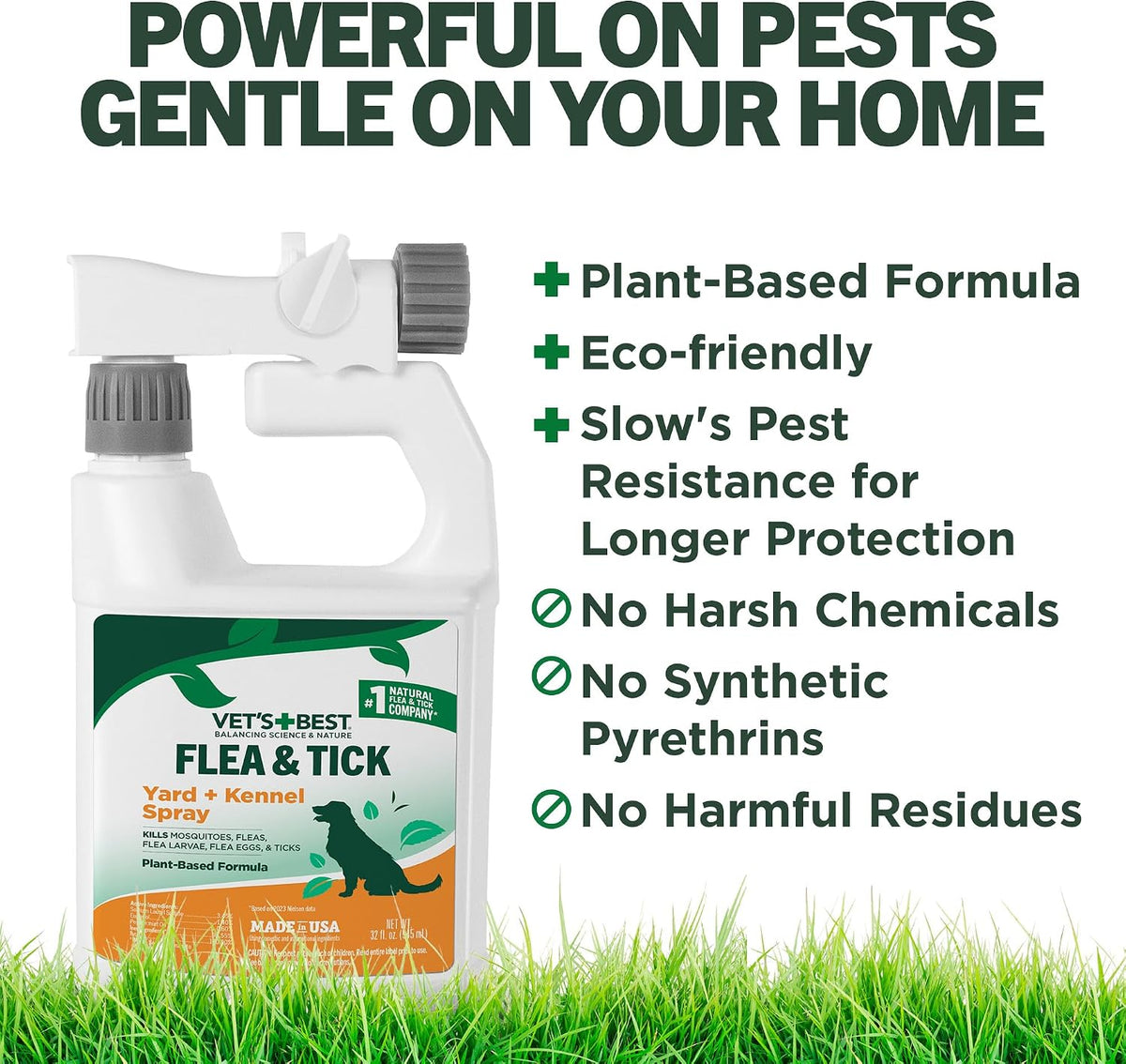 Vet's Best Flea & Tick, Mosquito, Yard & Kennel Spray for Dogs, 32 oz | Plant-Based Yard Treatment, Kills Fleas, Ticks & Mosquitoes, Ready-to-Use Hose Attachment, Safe for Plants, Made in USA
