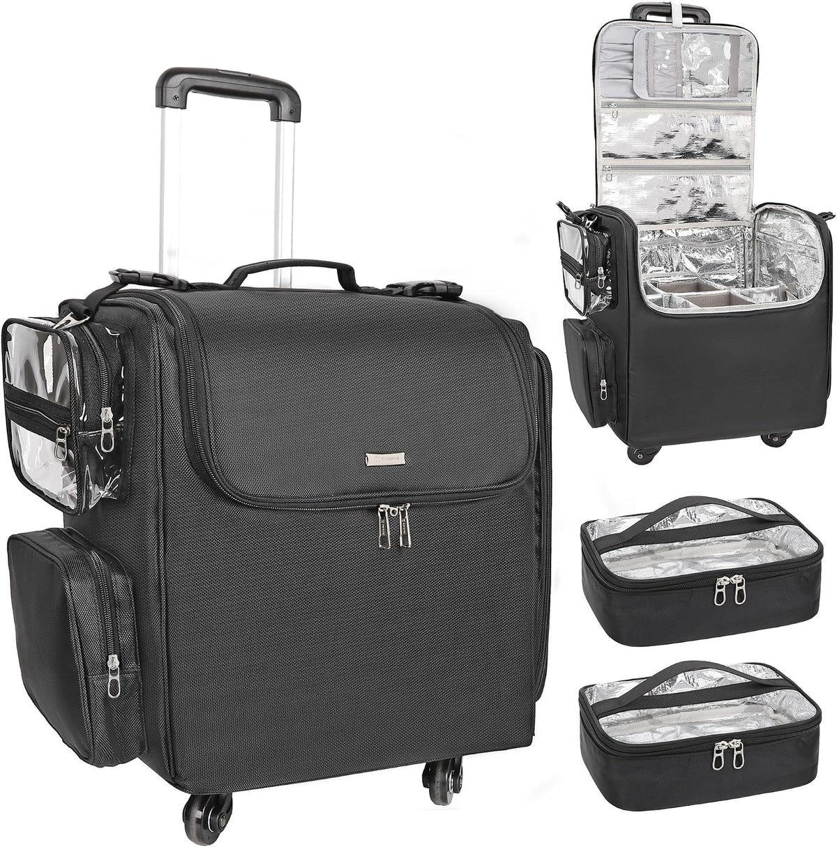 Relavel Rolling Makeup Train Case, Hairstylist Traveling Bag with 4 Wheels, Heat Insulation Full Layer, Adjustable Dividers, Hair Tools and Cosmetics Storage Organizer Trolley Suitcase Makeup Cart