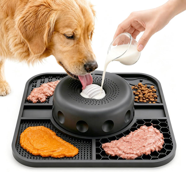 Dog Lick Bowl with Interactive Rolling Ball and Lick Mat, Leak-Proof One-Piece Slow Feeder for Liquid Thick Treats, Anti-Choking Oval Ball Calming Dog Enrichment Toy, Anxiety Relief