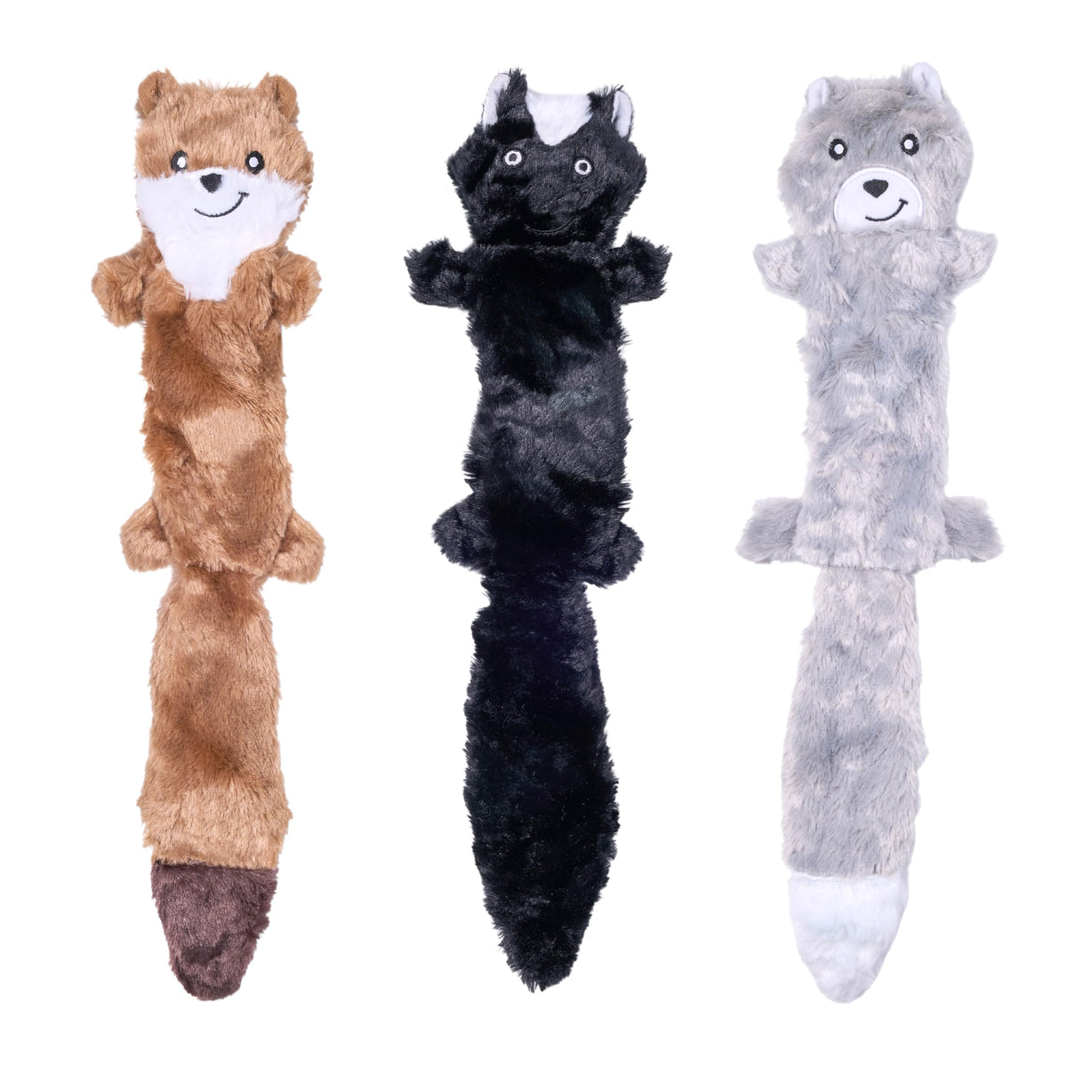 ZippyPaws Skinny Peltz - No Stuffing Dog Toy Pack to Keep Them Busy, for Medium and Large Dogs, Squeaky Pet Toys, Unstuffed Chew Toys, Soft Plush Variety Pack, Fox, Raccoon, and Squirrel - 18"