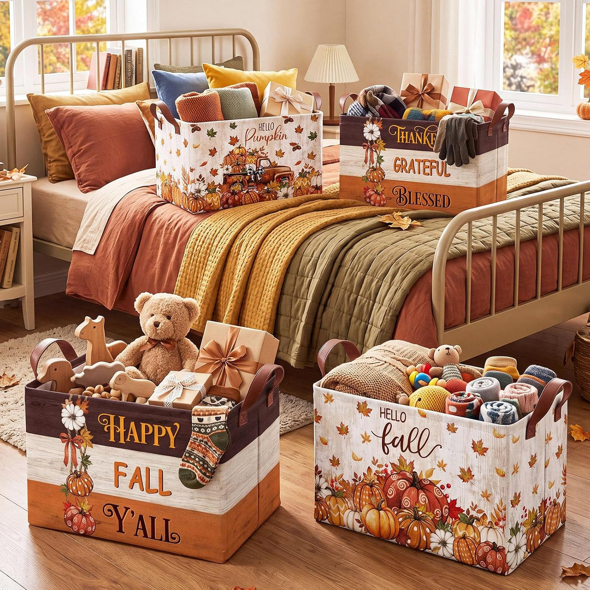 4 Pcs Thanksgiving Storage Basket Empty with Handles, Large Fabric