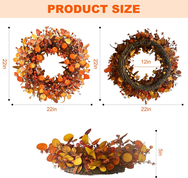 Fall Wreath 22 Inch Fall Wreaths for Front Door Autumn Pumpkin Wreaths with Orange Eucalyptus Leaves and Berries for Indoor Outdoor Thanksgiving Harvest Festival Celebrations