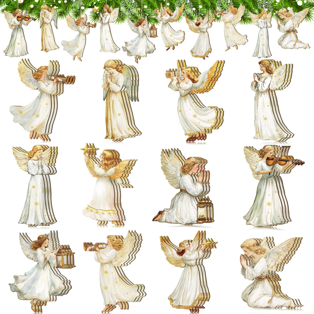 Yookeer 24 Pcs Angel Ornaments for Christmas Tree Wood Hanging Decorations