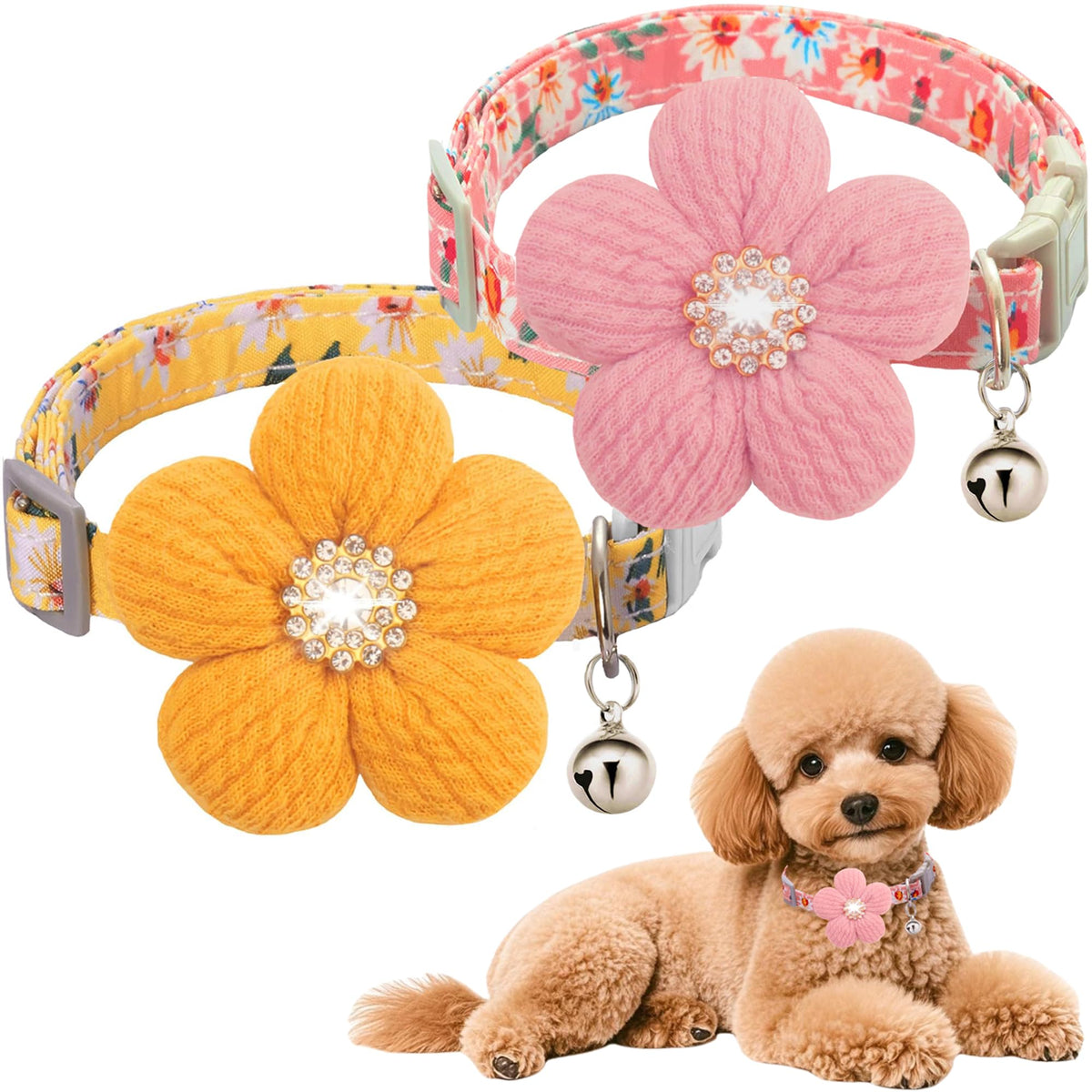 Small Dog Collar with Flower, Spring Dog Collar for Girl Dog Collars for Small Dogs Cute Dog Collar with Bell, Adjustable Length