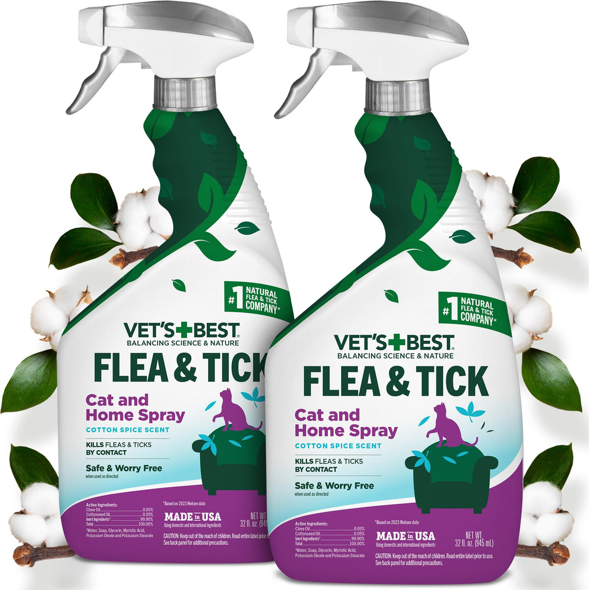 Vet’s Best Flea & Tick Home Spray for Cats – Plant-Based Flea and Tick Treatment with Cotton Spice Scent – Gentle Flea Mist for Indoor Use – Made in USA Natural Cat Flea Control – 32 oz