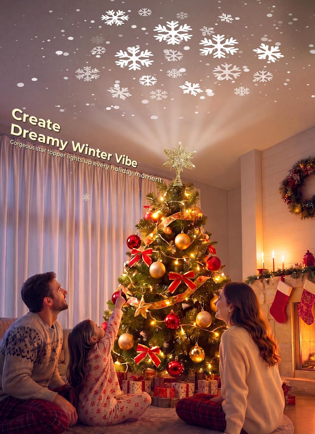 Brightown 12" Gold Christmas Star Tree Topper, Rotating Snowflake Projector