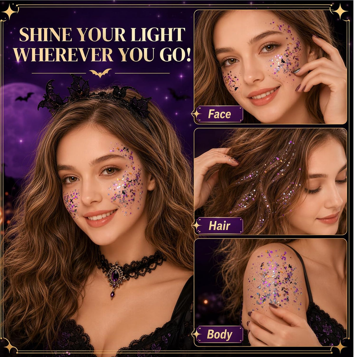 Halloween Body Glitter Stick for Face and Hair, Bat Cross Ghosts Sequins