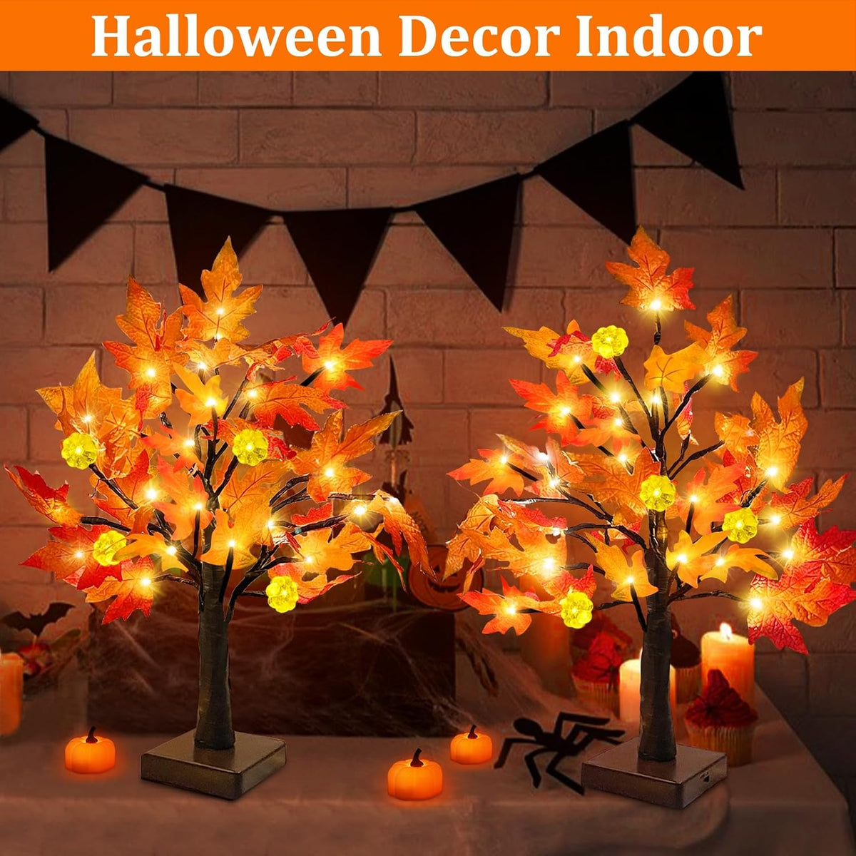 TURNMEON Thanksgiving Decor 2 Pack 18 Inch Prelit Fall Maple Tree 48 LEDs