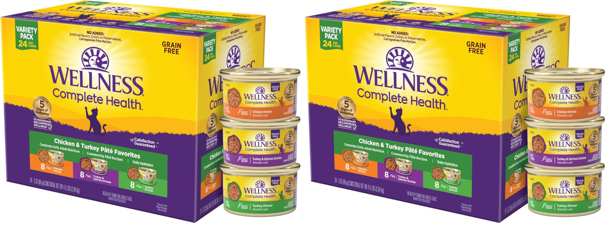 Wellness Complete Health Pate Variety Pack Adult Canned Wet Cat Food, Natural, Protein Rich, Grain Free, Seafood Favorites, 3 oz, Pack of 24 Cans