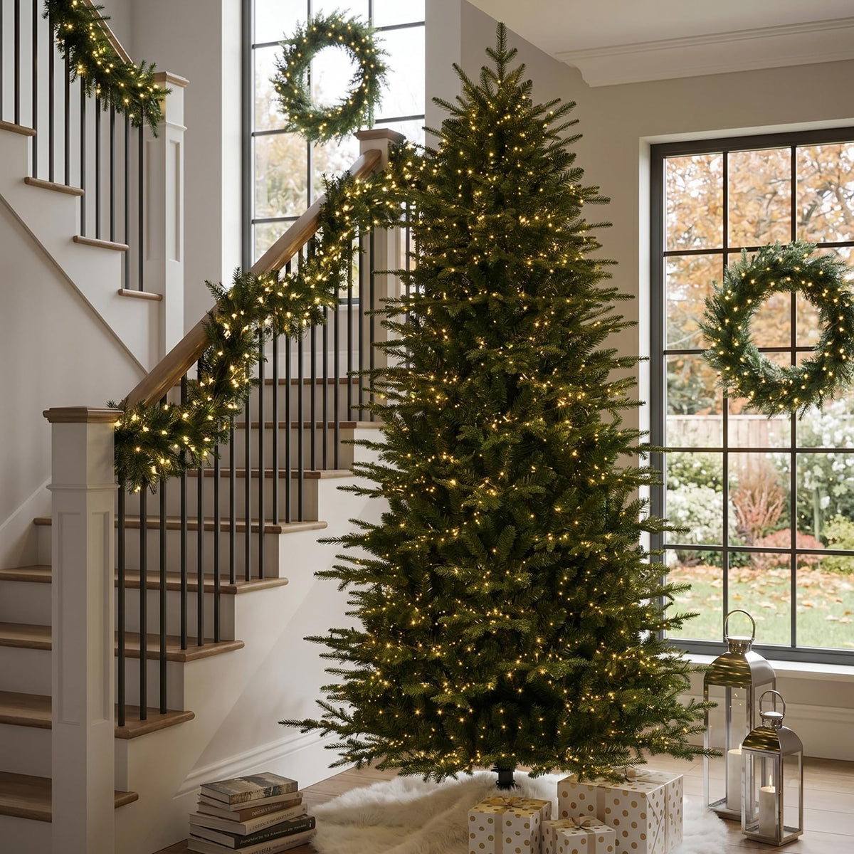 Glitzhome 15ft Prelit Artificial Christmas Tree, Vibrant Evergreen Fir with 5,000 Warm White/Multi-Color Chasing and Twinkling Lights, 13,459 PE&PVC Branch Tips, 9 Function w/Foot Pedal, Simple Setup