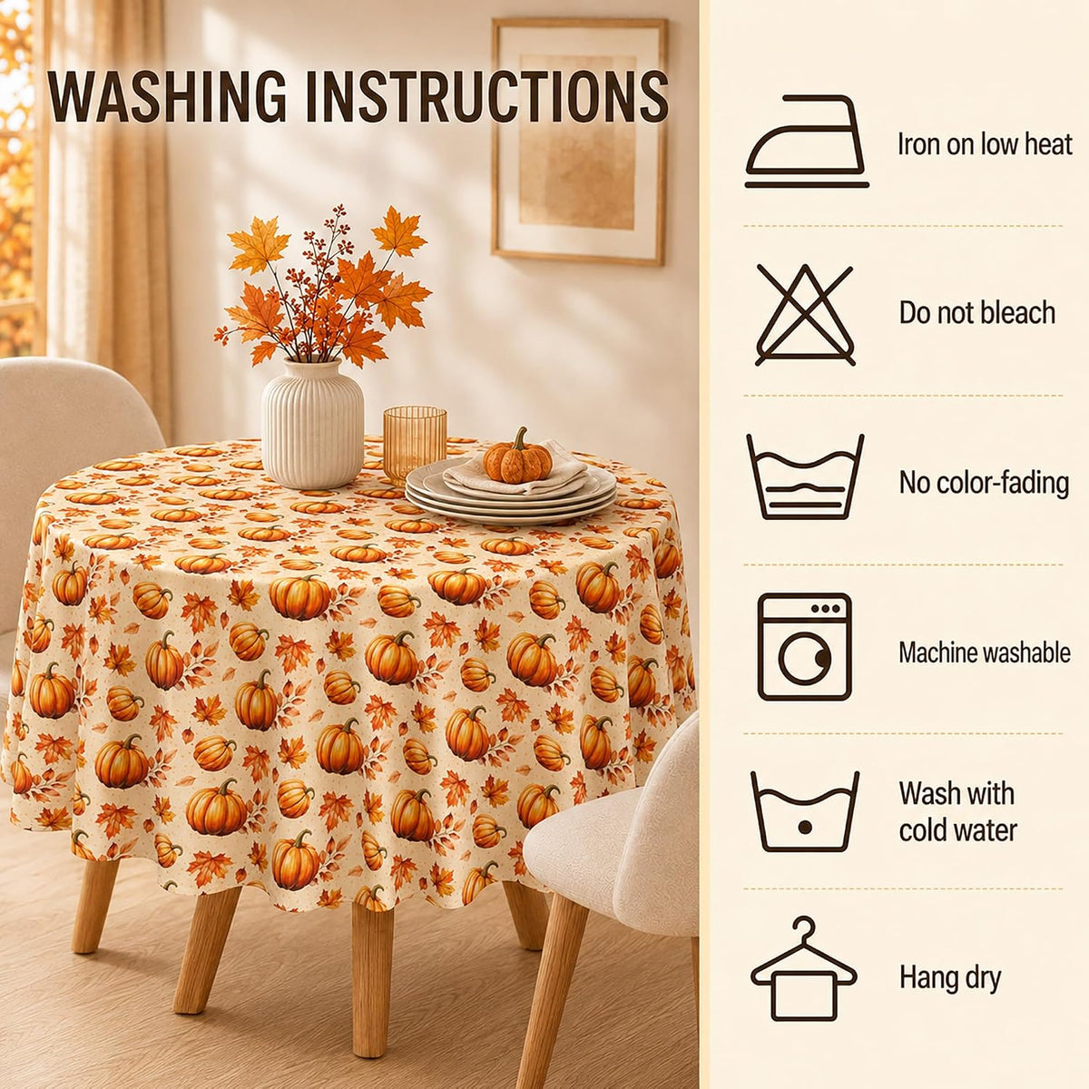 Fall Tablecloth Round 60 Inch Pumpkin Maple Leaf Thanksgiving Table Cloth