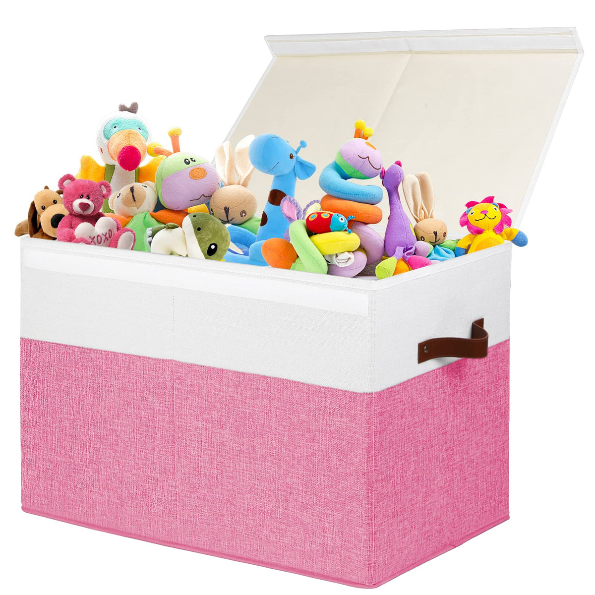 Large Toy Storage Box with Lid, Toy Chest Bin Boxes Basket with Dividers | Sturdy Toy Organizer Bin for Kids, Boys, Girls, Nursery, Living Room, Bedroom, Playroom 25"x13" x16" (Beige and White)