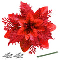 FurRain Christmas Poinsettia Artificial Flowers Decorations 5.5" Christmas Tree Wreaths Garland Decoration 12 Pcs Glitter Flowers Picks Decor for Xmas New Year Wedding Party Ornaments (Pink)
