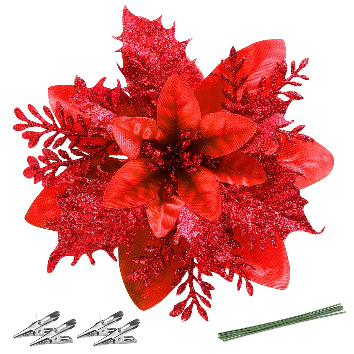 FurRain Christmas Poinsettia Artificial Flowers Decorations 5.5" Christmas Tree Wreaths Garland Decoration 12 Pcs Glitter Flowers Picks Decor for Xmas New Year Wedding Party Ornaments (Pink)