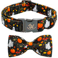 Fall Dog Collar with Bow, Black and Orange Print Fall Pet Collars Small