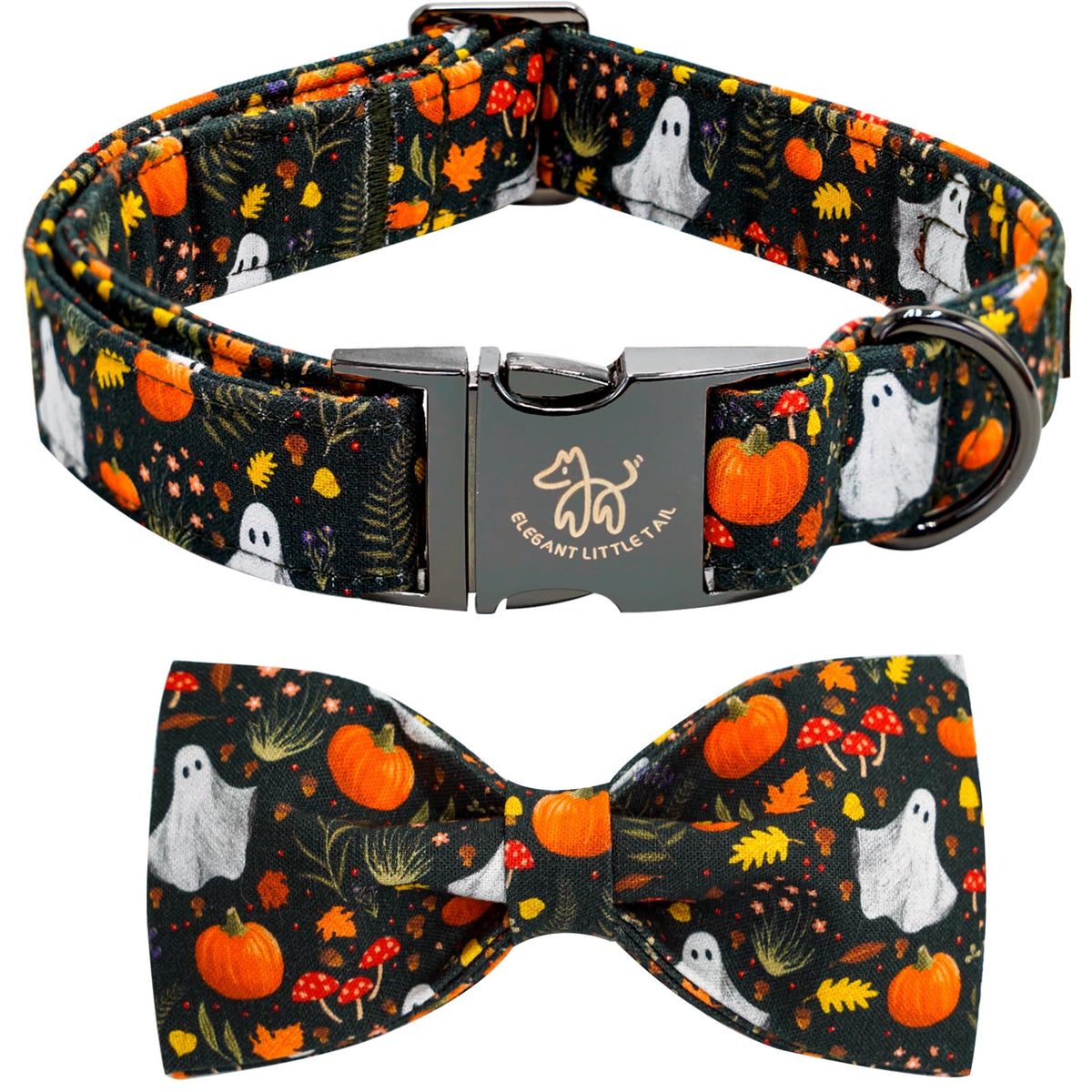 Fall Dog Collar with Bow, Black and Orange Print Fall Pet Collars Small