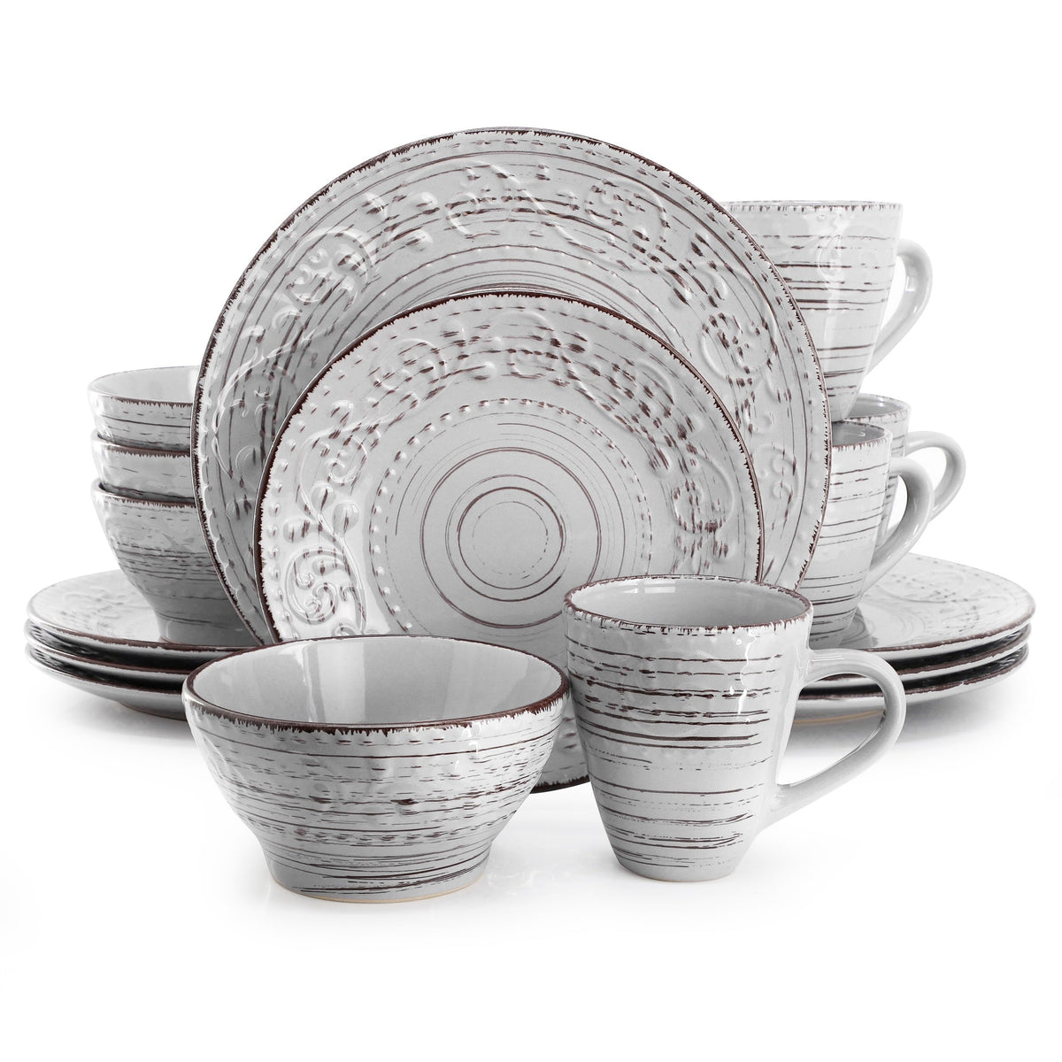 Elama Malibu Jasper 16-Piece Stoneware Embossed Pattern Reactive Glaze Orange Dinnerware Set, Tableware, Serveware Set (Jasper Orange)