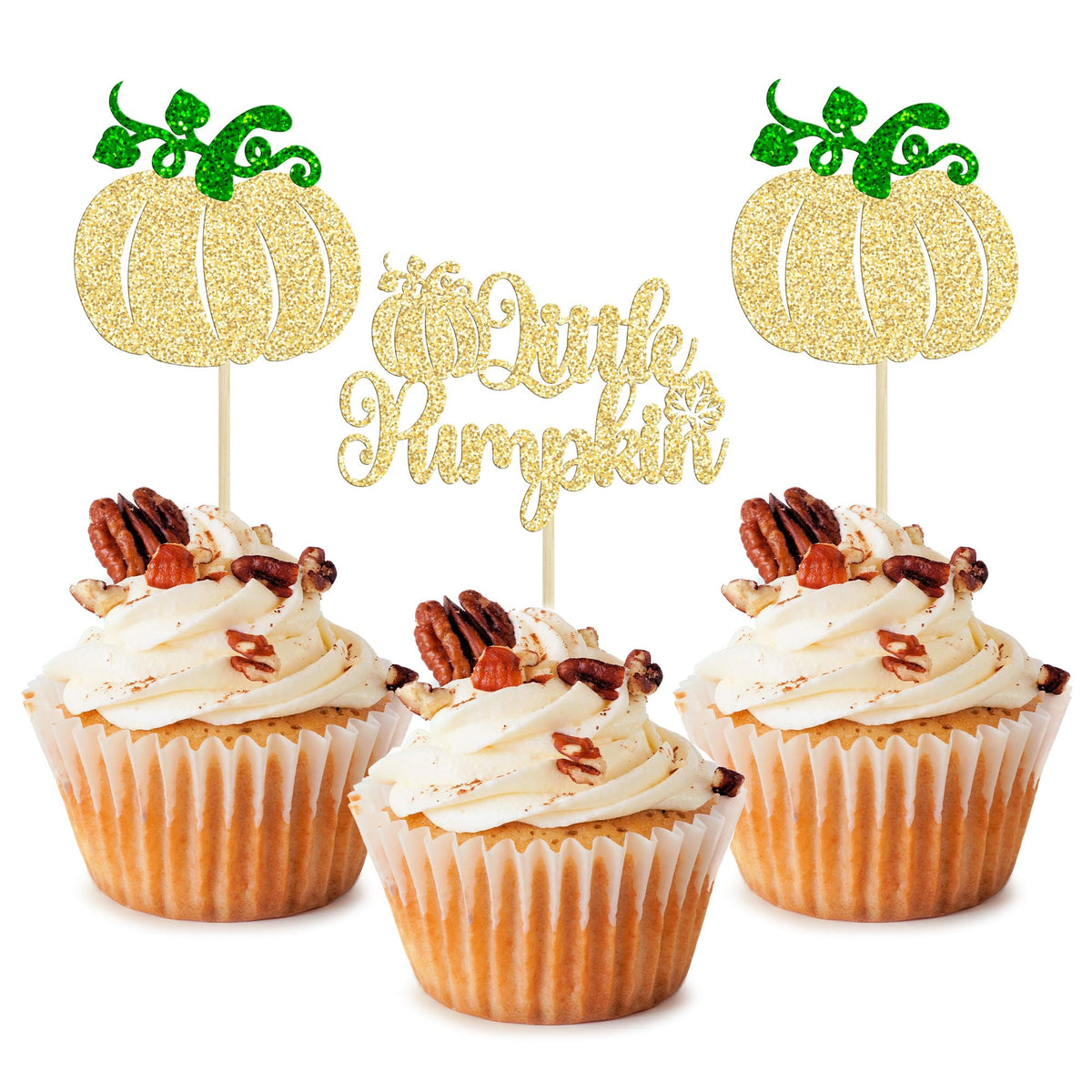 24pc Little Pumpkin Cupcake Toppers - Glitter Pumpkin Cupcake Picks - Baby Shower Decorations - Fall Harvest Theme - Kids Birthday Party Supplies