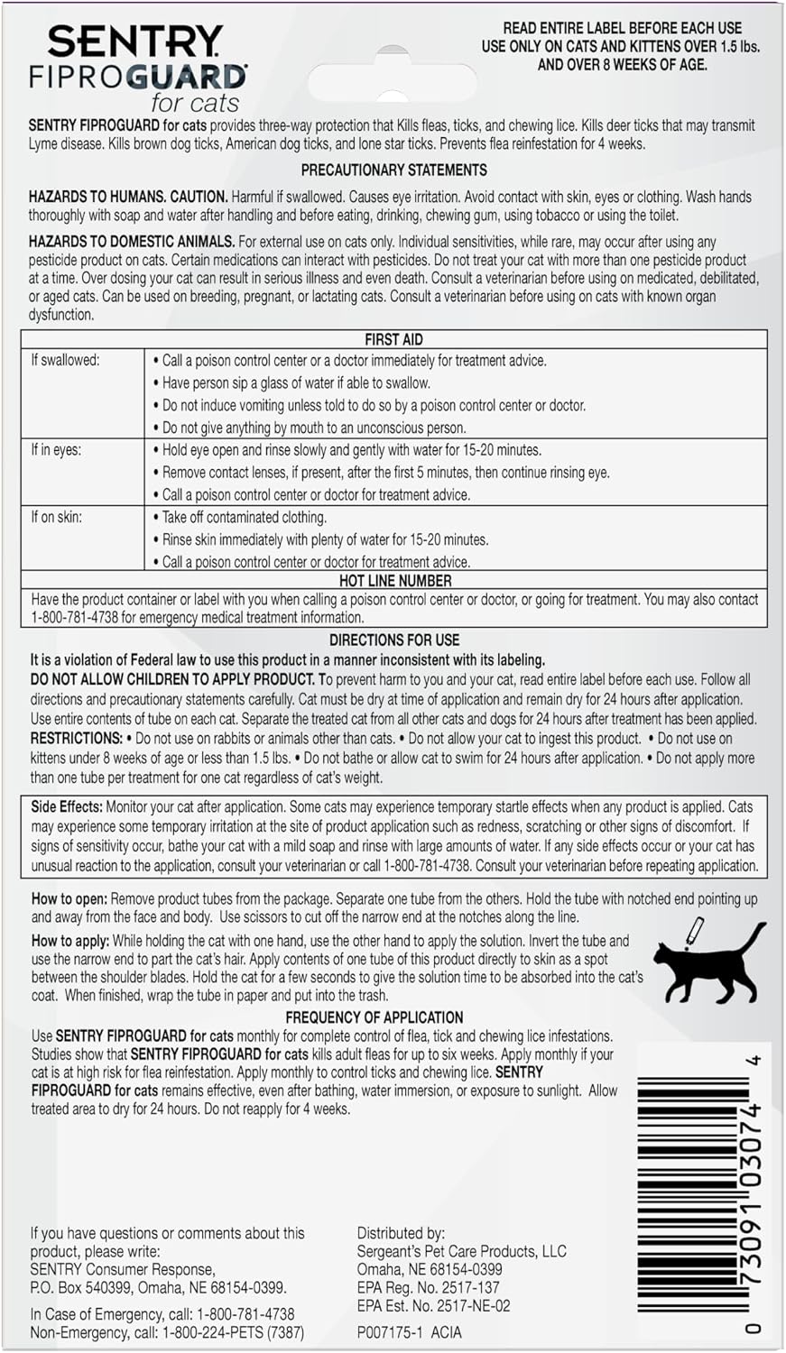 Sentry Fiproguard Flea & Tick Cats 1.5 lbs+, Fipronil, 6-Month | Ideal for Cats & Kittens 1.5 lbs+; Kills Fleas, Ticks & Chewing Lice for 30 Days; 6-month supply; Vet-Quality OTC Cat Formula