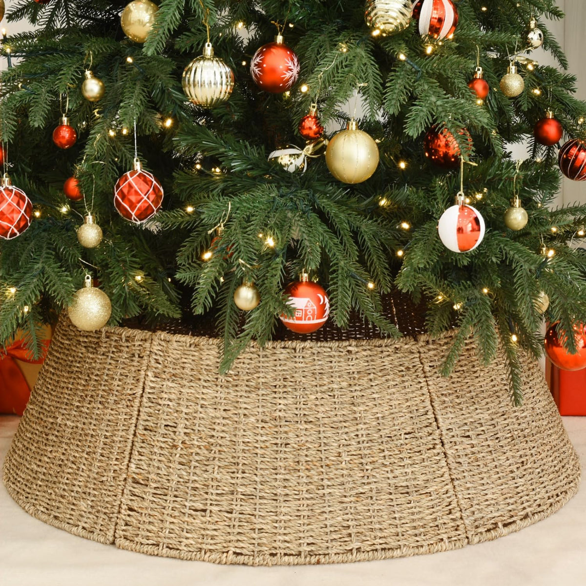 Rocinha Rattan Christmas Tree Collar Basket - Rustic Handcrafted Tree Ring