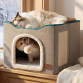 Bedsure Extra Wide Cat House Bed with Fluffy Ball and Scratch Pad,Grey | 23.6x16.9x13 in,Indoor Cat Cave for Multiple Pets, Foldable Cat Hideway Cube for Sleeping Large Cat and Kitten